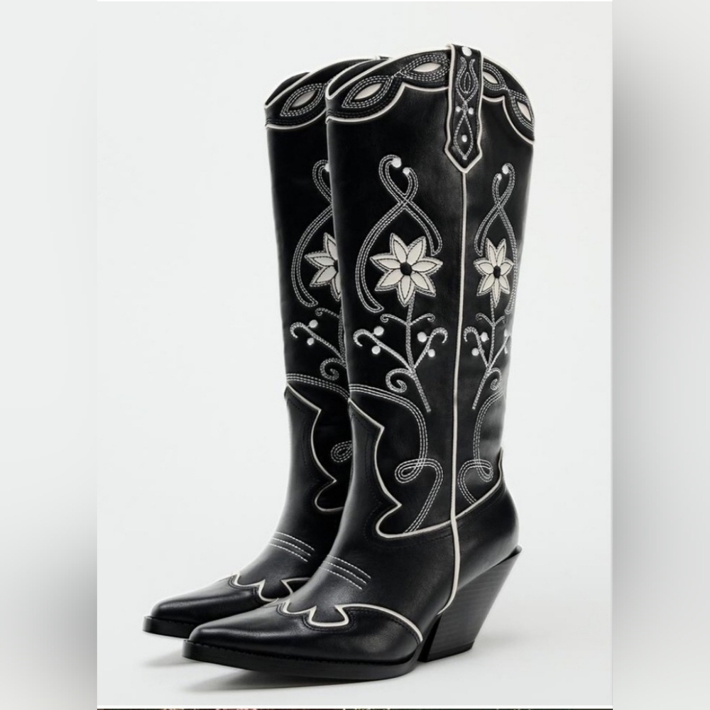 New ZARA Gorgeous WOMAN NWT SS24 FLORAL COWBOY-HEEL BOOTS BLACK 3094/310 Sz 10